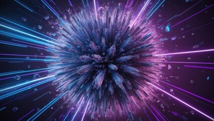 Abstract 3D Explosion with Neon Lights Shattered Crystals and Purple Blue Energy Burst