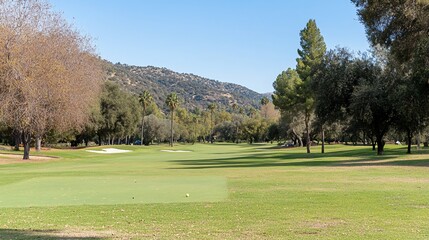 Obraz premium Golf course fairway, mountains backdrop, sunny day, leisure