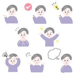 高齢の日本人男性のさまざまな表情とポーズのバリエーションのセット　シンプルでかわいいイラスト