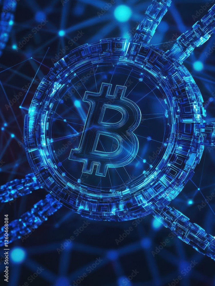Poster blockchain technology futuristic hud background with world globe and blockchain polygon peer to peer