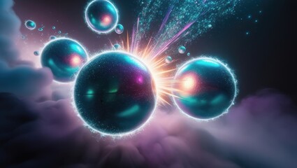 Vibrant Cosmic Collision Glowing Spheres Energetic Burst in Nebula