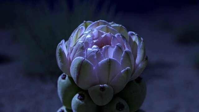 A timelapse shot reveals the cactus flower blooming under ethereal moonlight, its pale lavender petals shimmering against a deep indigo desert backdrop.
