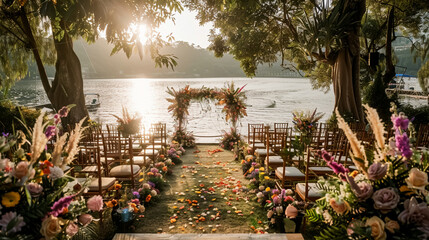 picturesque lakeside wedding venue adorned with vibrant flowers and chairs