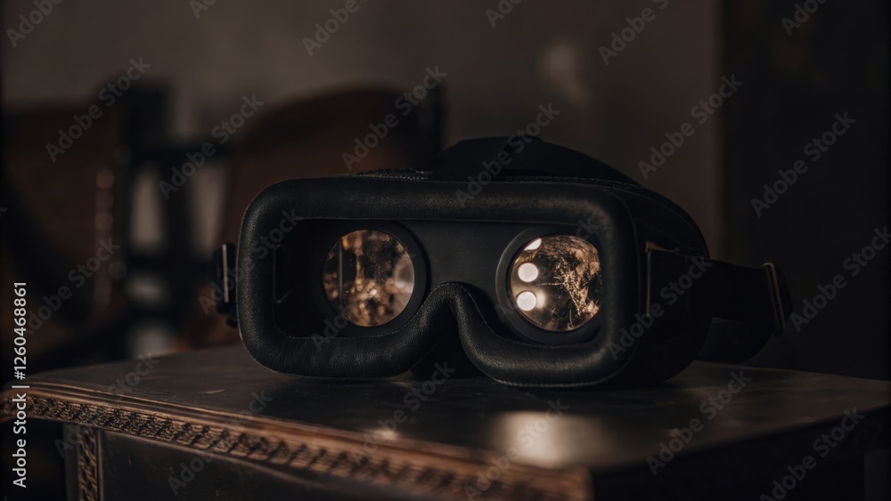 Poster a closeup of a vr headset resting on a table with holographic images reflecting off its surface indi