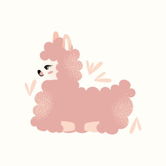 Cute fluffy llamas and alpacas with flowers isolated on a white background. Mother lama and her baby. Animal and nature-themed concept design. Vector illustration
