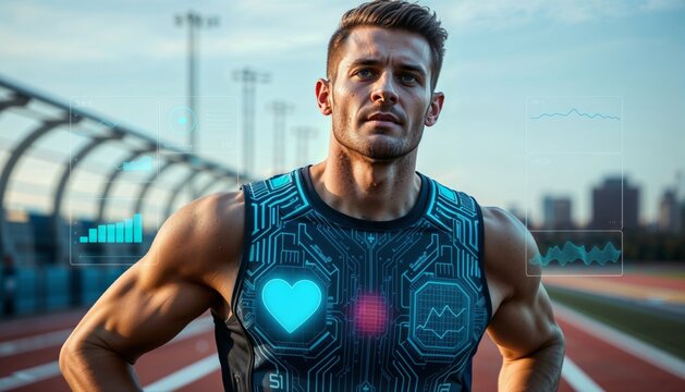 Biometric Athletic Performance Tracking. Muscular athlete in high-tech circuit-printed tank top displays advanced fitness monitoring with digital heart rate and performance metrics on running track.