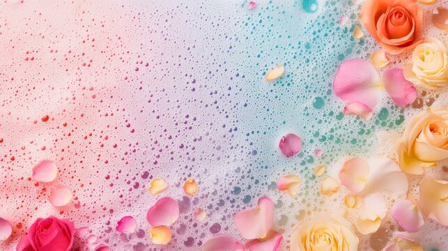 Luxurious bath experience with iridescent bubbles and rose petals creating a serene atmosphere for relaxation and self-care - Powered by Adobe