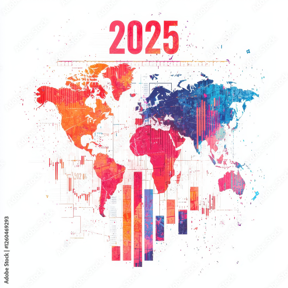Poster vibrant world map with bar charts and data visualization for 2025