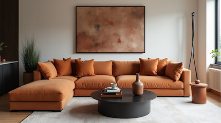 Minimalist, loft interior design of modern living room with earthy tones, featuring a terra cotta sectional sofa, black coffee table, and a textured wall art piece