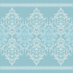 Elegant Damask Pattern with Ornate Floral Motifs and Decorative Borders. seamless design features a sophisticated blend of vintage-inspired elements and modern aesthetics