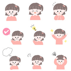 小さな日本人の女の子の色々なポーズ・感情のイラストセット　