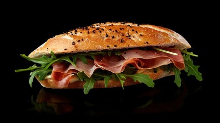Delicious Prosciutto and Arugula Sandwich on a Black Background