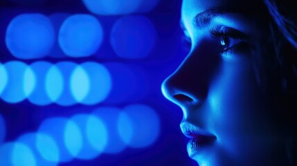 Obraz premium A captivating profile of a young woman, illuminated by soft blue lights, reflecting deep thoughts and emotions. The interplay of light creates an atmospheric and serene ambiance.