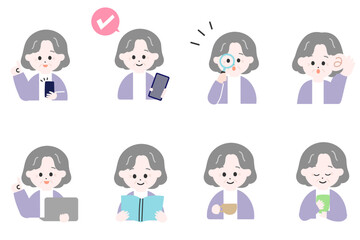 日本人の高齢女性の日常のイラストカットセット　シンプルでかわいいイラスト