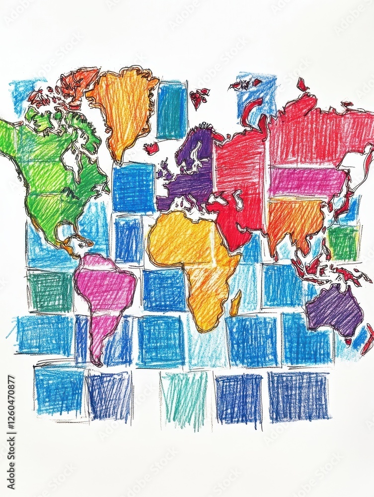 Poster the world map drawing with colorful squares.