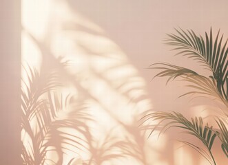 shadow of palm leaves on the wall, blurred background in light peach color, featuring sun rays and shadows on the wall for product presentation.elegant and minimalist display for products or cosmetic