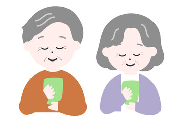 並んで日本茶を飲んでいる高齢の夫婦のイラスト