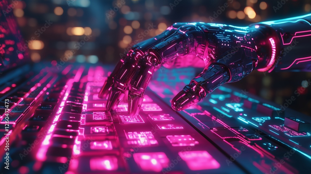 Poster robotic hand playing hopscotch on a keyboard, symbolizing ai’s role in text generation and automatio