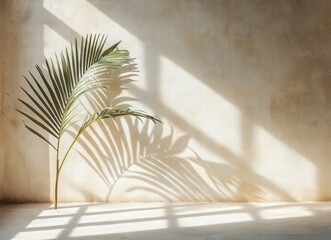 Naklejka premium shadow of palm leaves on the wall, blurred background in light peach color, featuring sun rays and shadows on the wall for product presentation.elegant and minimalist display for products or cosmetic