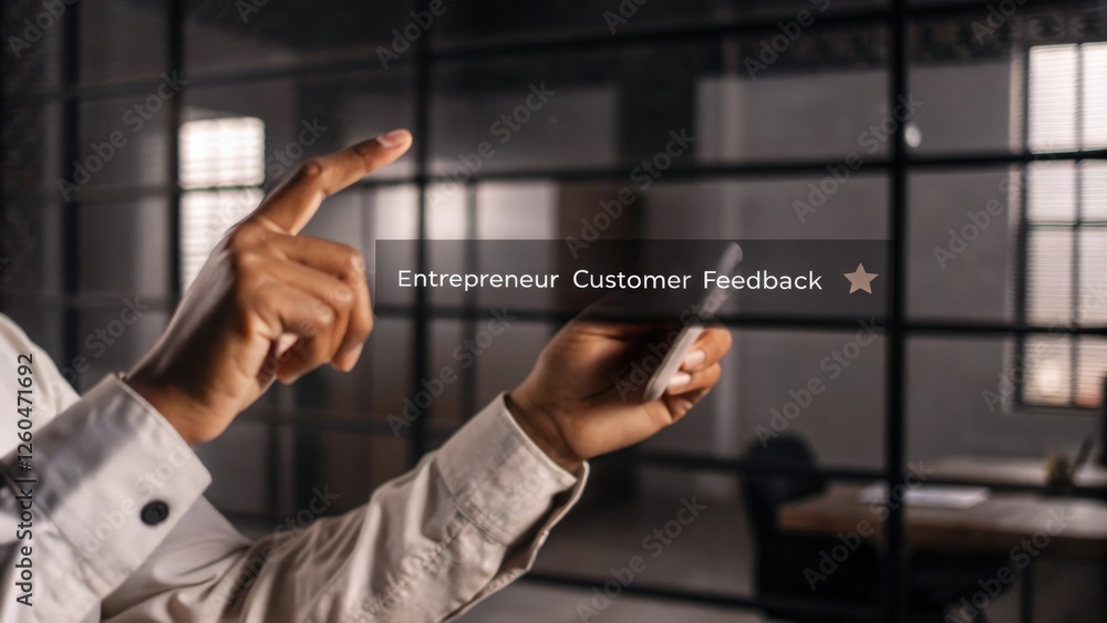 Poster an entrepreneur analyzing customer feedback holographically displayed as floating text and symbols a