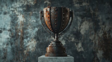 Fototapeta premium Aged industrial trophy with bolts and textured surfaces under dim lighting