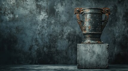 Raw metal trophy with a rugged mechanical design set against a dark grunge backdrop
