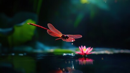 Obraz premium A vibrant red dragonfly hovers delicately above a beautiful water lily, capturing the essence of nature's beauty in a serene pond setting