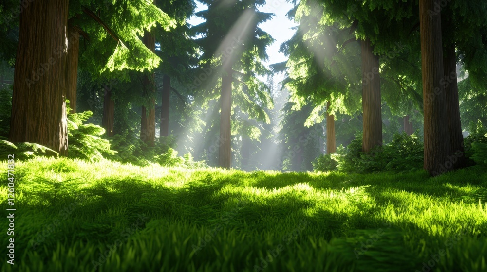 Poster a serene forest scene with tall trees and rays of sunlight filtering through the foliage, illuminati