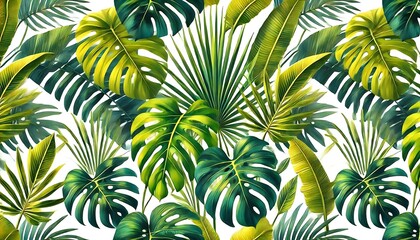 Bright tropical leaves seamless pattern featuring monstera, palm, and banana leaves in vivid greens with a hint of gold on a white background, perfect for summer-themed projects, swimwear, and prints.