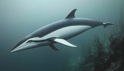 Naklejka premium Majestic pygmy right whale gracefully swimming underwater, showcasing its unique markings and streamlined body against a backdrop of serene ocean flora.