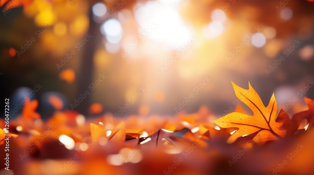 Poster a serene autumn scene with vibrant orange leaves scattered on the ground, illuminated by soft sunlig