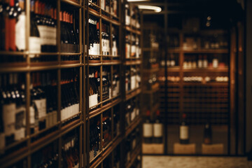 Fototapeta premium Exquisite looking wine cellar with a various elegant alcoholic drinks, close up photo. Horizontal indoor shot of alcoholic beverages shelves.