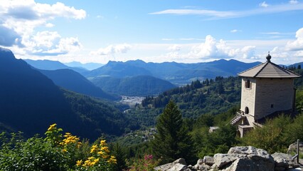 Panoramic Mountain View with Stone Chapel