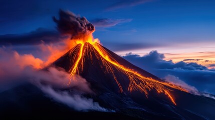 A breathtaking view of a volcano erupting against a twilight sky