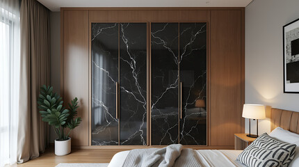 Wooden wardrobe with black marble doors in scandinavian style interior design of modern bedroom