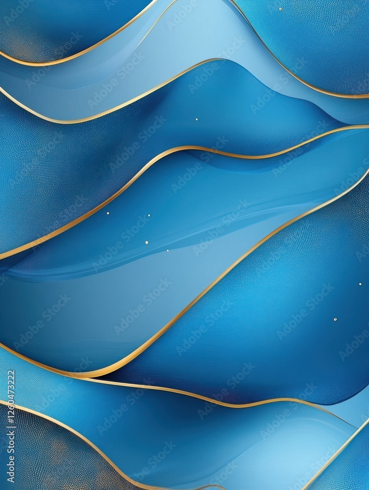 Poster soft color background with blue waves and soft gild lines on a blue background. blue wave gradient c