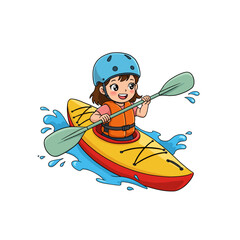 Girl Kayaking Cartoon Illustration with Paddle and Safety Gear.