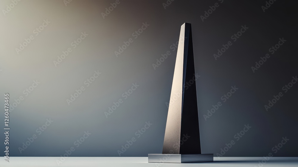 Poster A minimalist matte black pyramid trophy on a glossy silver pedestal