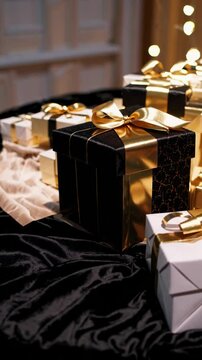 A festive video scene with a close-up angle of elegantly wrapped gold and black gift boxes, accented by soft, glowing string lights in the background. Suitable as mobile wallpaper.
