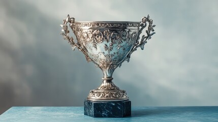 A large silver trophy with detailed engravings and a polished surface