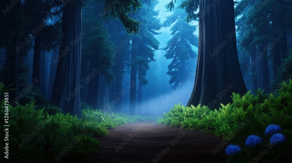 Poster a serene forest scene bathed in soft blue light, showcasing towering trees and lush greenery, creati