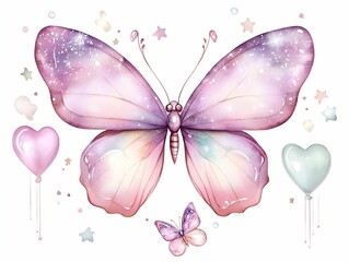 Fototapeta premium Butterfly watercolor art beautiful creative concept. A whimsical butterfly with pastel colors and balloons, perfect for children's themes.