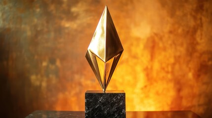 A sleek gold trophy featuring an open triangular peak and smooth texture
