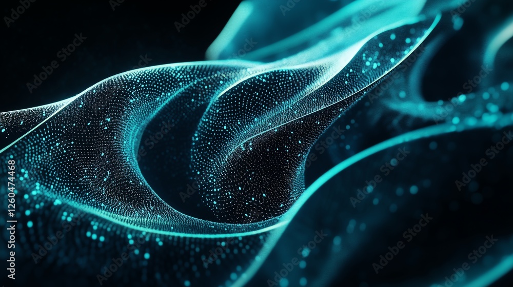 Poster abstract network of glowing turquoise nodes and soft steel blue lines on a dark navy gradient backgr