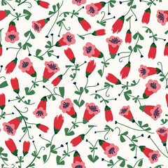 Naive art florals seamless pattern, colorful background print. Hand drawn flowers primitive design, soft pastel color