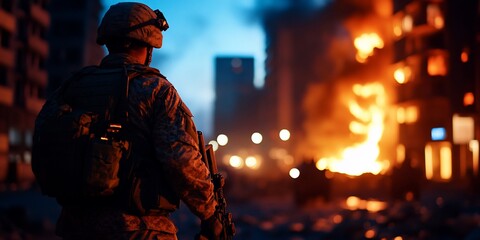 Soldier night city fire war zone