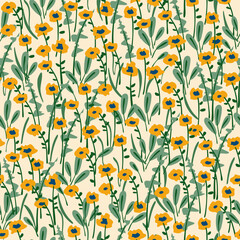 Naive art florals seamless pattern, colorful background print. Hand drawn flowers primitive design, soft pastel color