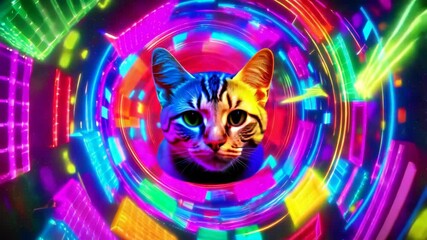 Cat portrait with neon abstract animation. Bright, colorful footage for social media.