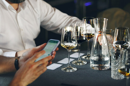 Sommelier school. Professional wine waiters are trained, close up. Winemaking courses, wine tasting. 