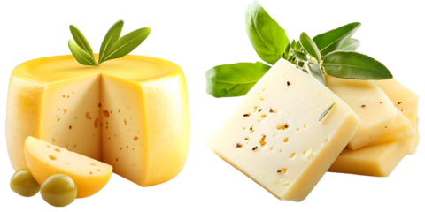Delicious gourmet cheese selection with fresh basil and nuts assorted dairy cheese transparent background